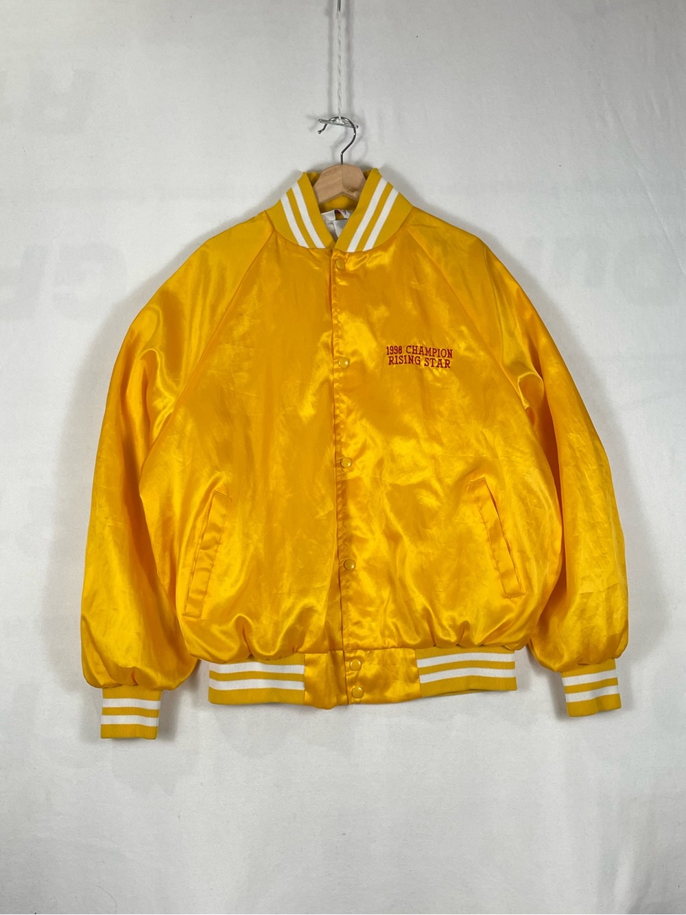 Vtg 1998 WestArk American Swing Dance Yellow Satin Snap Bomber Jacket Sz XL